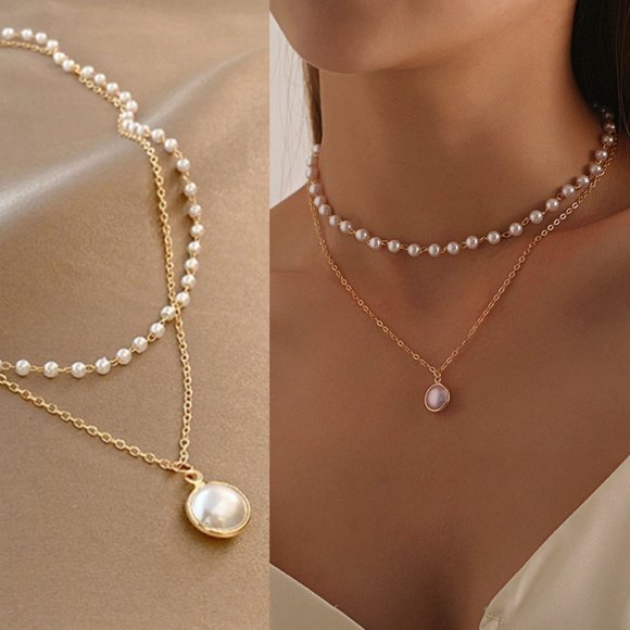 Unbranded Jewelry - NEW Double Layered Bead Link Choker Chain Faux Pearl Charm Pendant Necklace GOLD